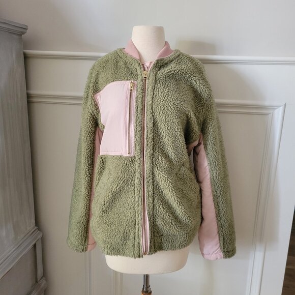 We The Free Women’s M Green Sherpa Fleece Zip Jacket Oversized Boho Coat - Picture 6 of 12